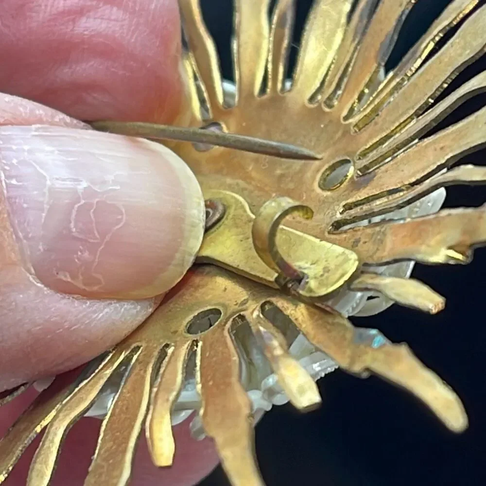 Vintage starburst brass plastic cabochon brooch Sputnik.